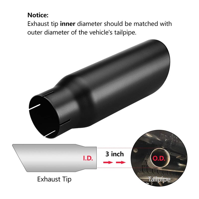 A-KARCK Exhaust Tip 3 Inch Inlet, 3" Inlet 4" Outlet 12" Overall Length Clamp On Muffler Tip For Truck Tailpipe, Rolled Angle Cut Design - Image 4